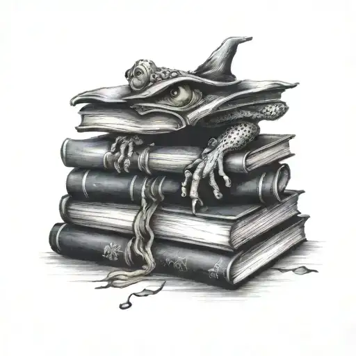 Stack Of 3 Spell Books With Witch Frog On Top