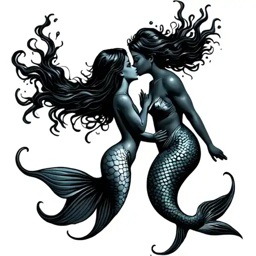 Sea Diver Kissing Mermaid Swimming Together