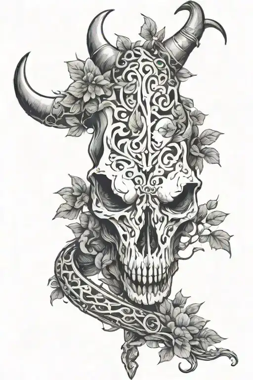 Cow Skull With Vines Wrapping And Snake Wrapped