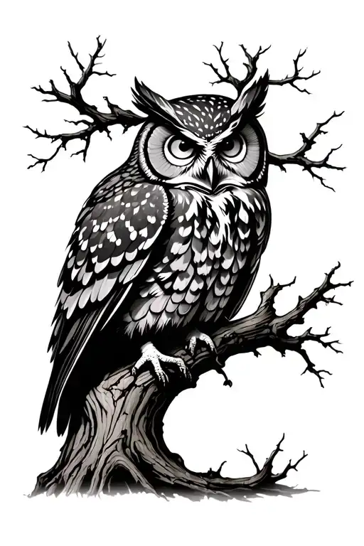 Dead Oak Tree With Owl Perched