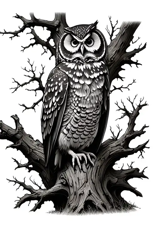 Dead Oak Tree With Small Owl Perched