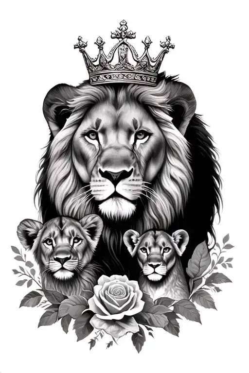 Lioness Surrounded By Lion Cub & Daddy Lion With A Crown & Roses