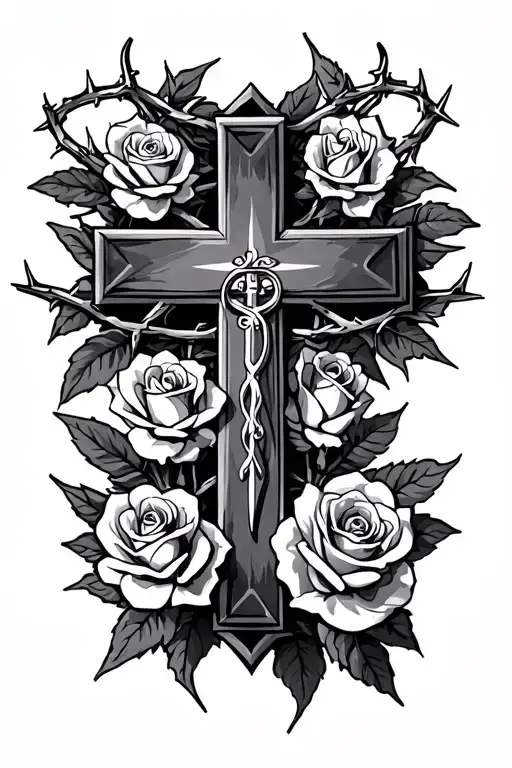 Simple Christian Cross With Roses And A Crown Of Thorns Surrounded