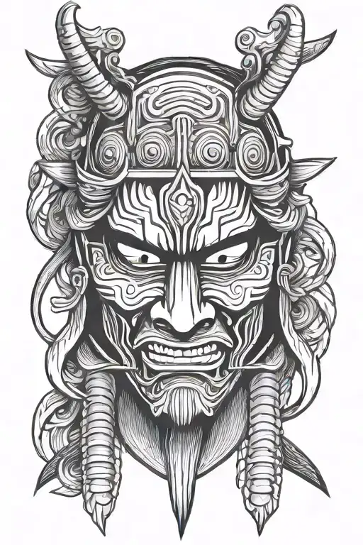 Samurai Mask Contour Drawing Black White