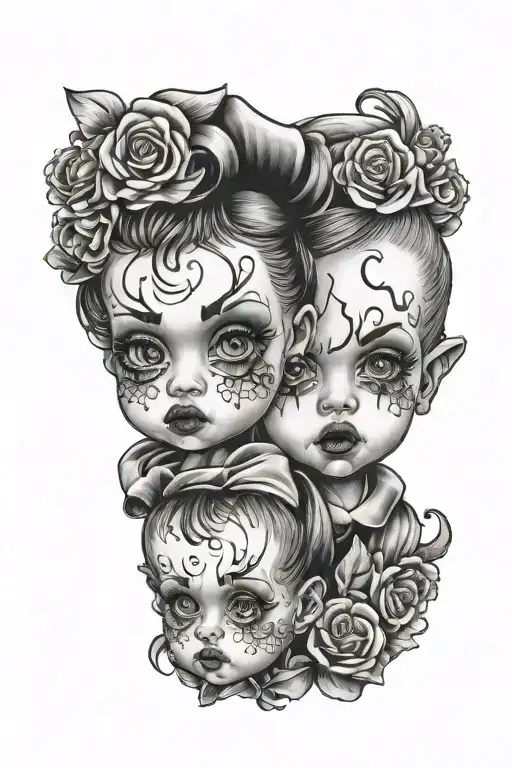 Scary Baby Doll Faces Merged Together