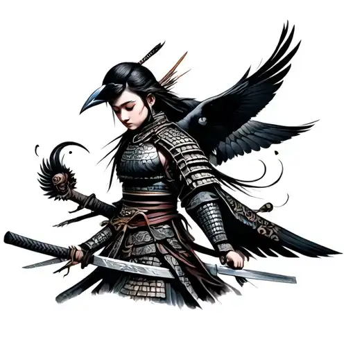 Women's Tattoo Of Samurai Warrior With Crow