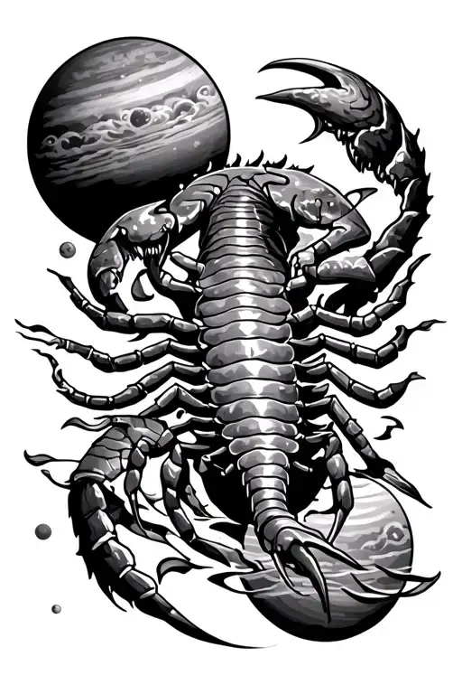 Tribal Scorpion Surrounded By Planets And Japanese Coulds To Fill A Half Sleeve