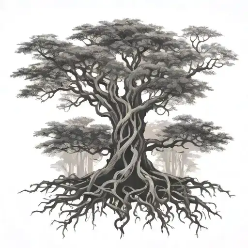 Tree Of Time Intertwined At The Roots With The Banyan Grove Tree