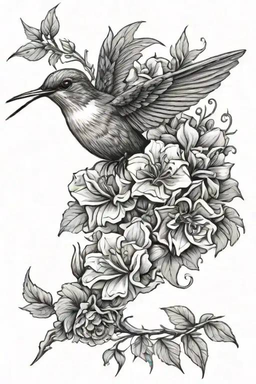 Flowers And A Small Hummingbird Perched