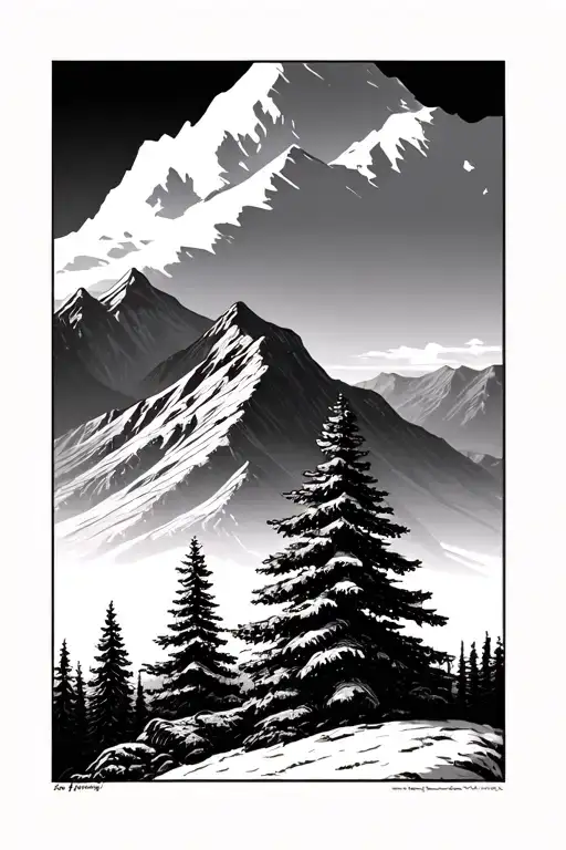 Mountain Landscape And Spruce In Front Of It