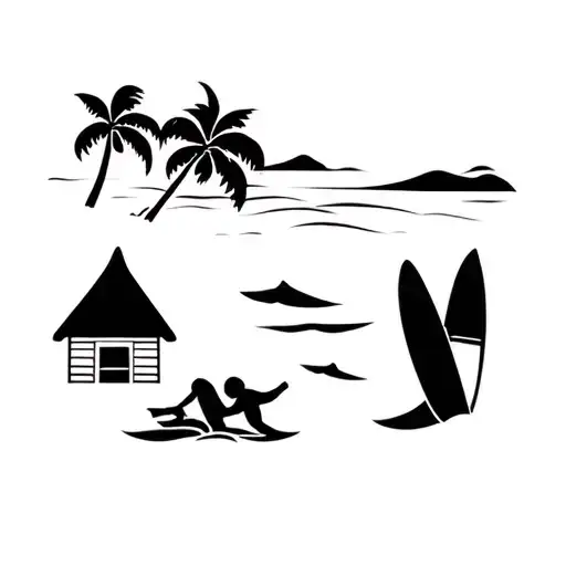 Stamp With A Beach Hut 3 Surfing Plates And A Palm Tree