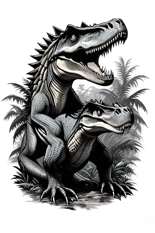 Tiranosaure Rex Who Eats Another Dinosaur On A Jungle Background