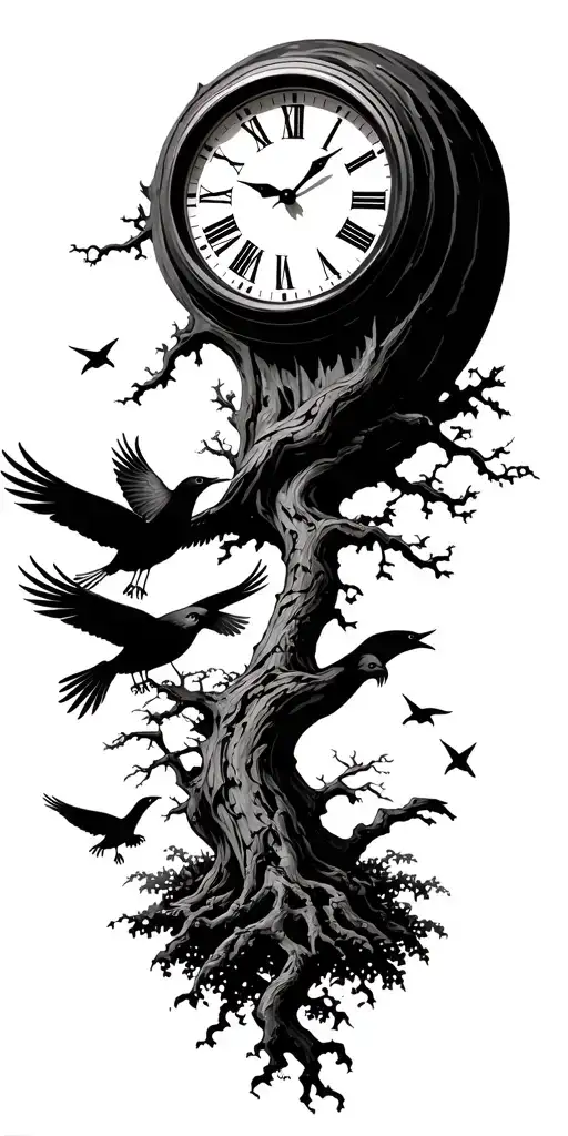 Clock And 3 Birds Flying And Tree Growing