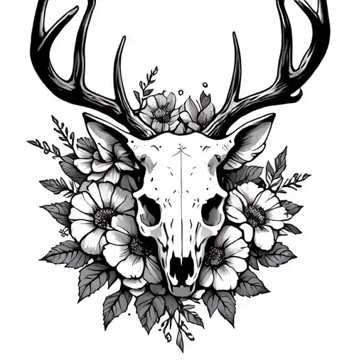 Deer Skull With Flowers Around It For A Arm Sleeve