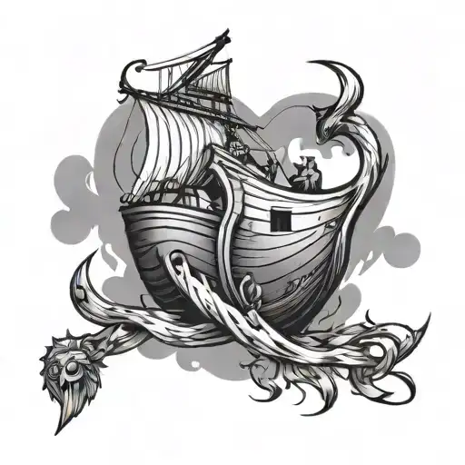 An Abstract Design Combining Elements Of Noah's Ark And David's Slingshot In A Black-grey Style