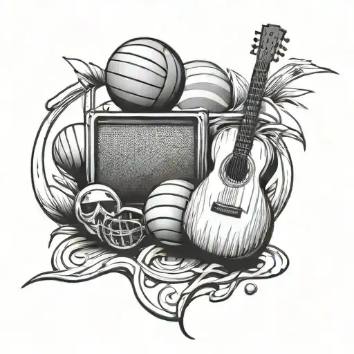 A Tattoo Design Showcasing A Beach Volleyball And Musical Instruments