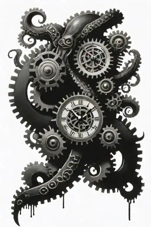 Octopus Crushing A Clock Exploded Gears Intertwined