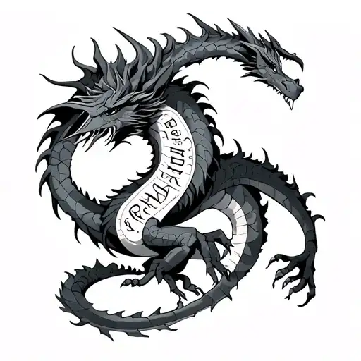 Fantasy Dragon And Runic Words Around It