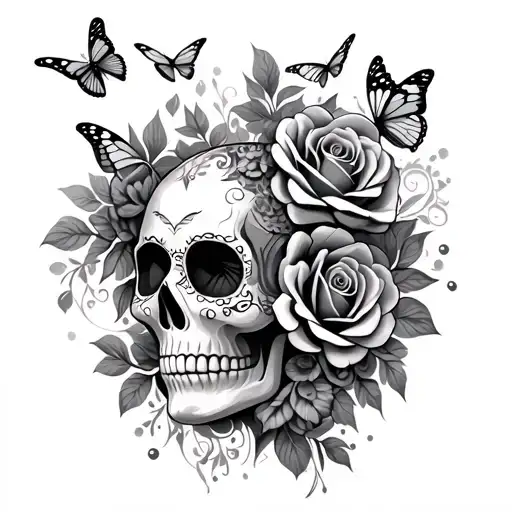 Sugar Skull Roses Butterflies Flying