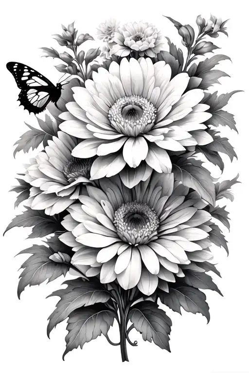 Chrysanthemum And Iris Flowers With A Butterfly And Bird