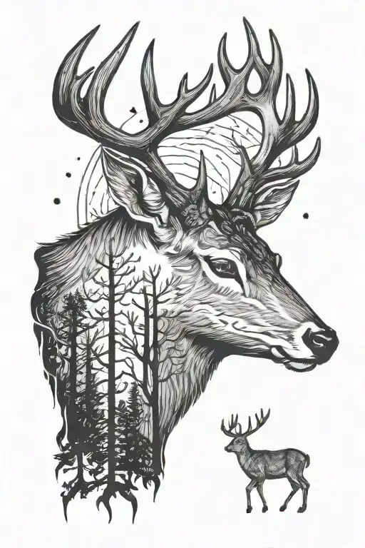 Deer Head With Trees Background Looking Moon Surrounded