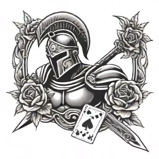 Spartan With Sword And Roses And Playing Cards With Dice