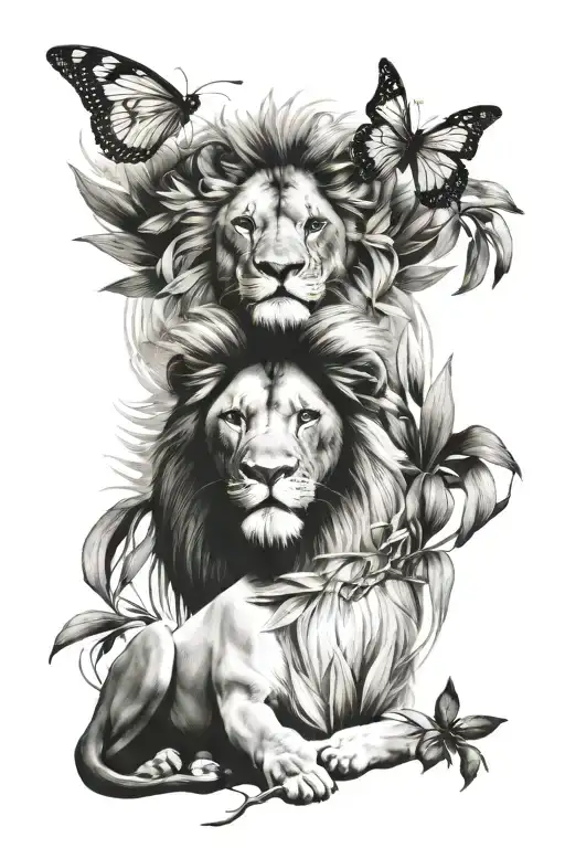 Lion Combined With Butterfly And Olive Branch Or Olive Tree