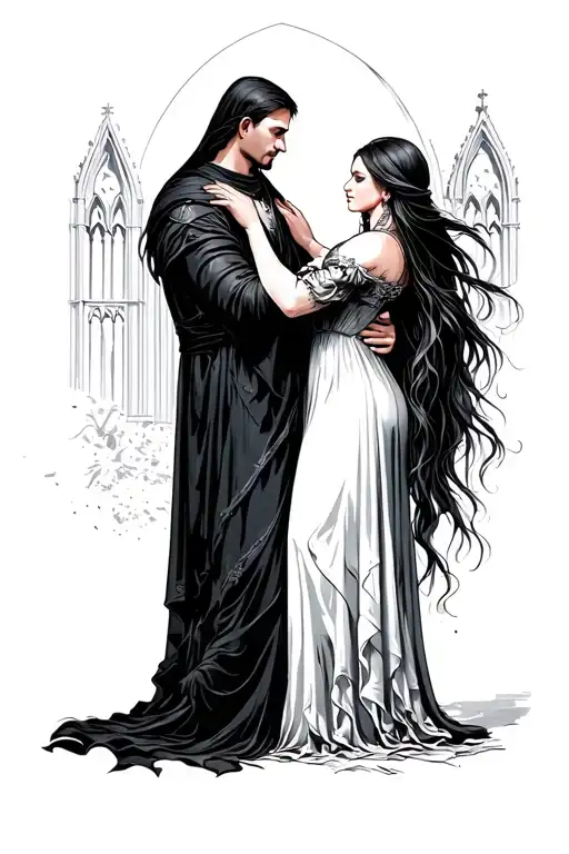 Gothic Cathedral With Man Holding Woman Long Dress