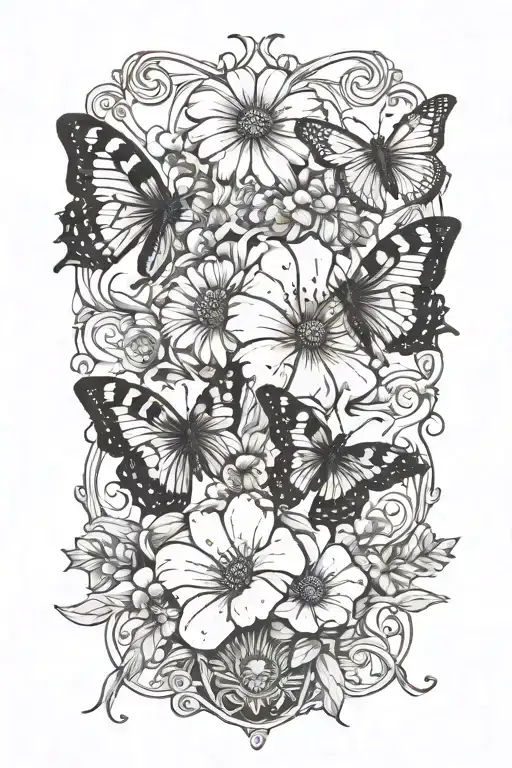 Aster And Morning Glory Vine With Butterflies And Honeybees