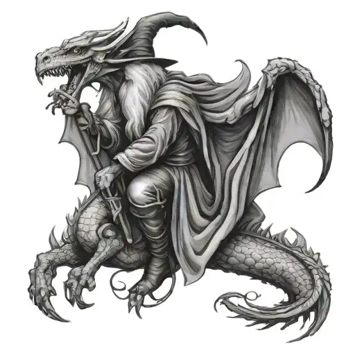 Wizard And Witch And Dragon Tattoo Design Combining Elements