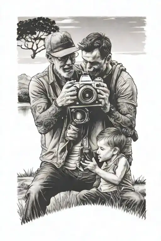Dad And Son Making A Photo Each One With A Camera With A Landscape In The Background