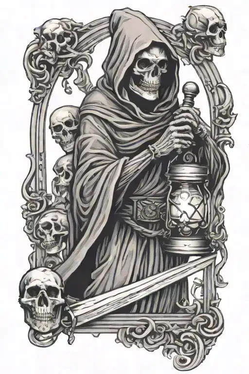 Grim Reaper Holding Hour Glass With Skulls Memento Mori