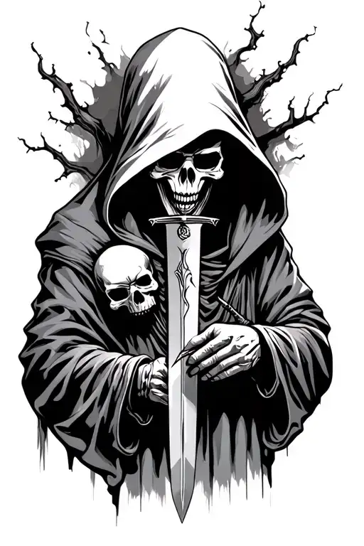 Hooded Grim Reaper With Most Of Skull Hidden Inspecting A Dagger