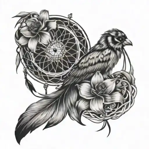 Lilly Flowers Intertwined With Dream Catcher And Japanese Chin Fish