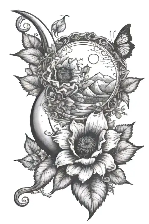 Crescent Moon With Mountains And Moths Wrapped Around The Tattoo Are Vines With Poppies And Violets