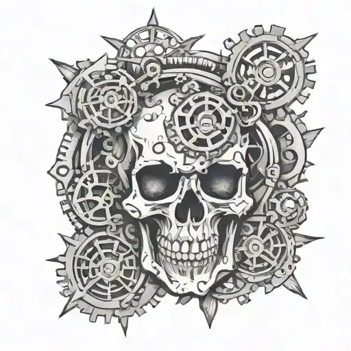 Medieval Art Style Skull With Gears Textured