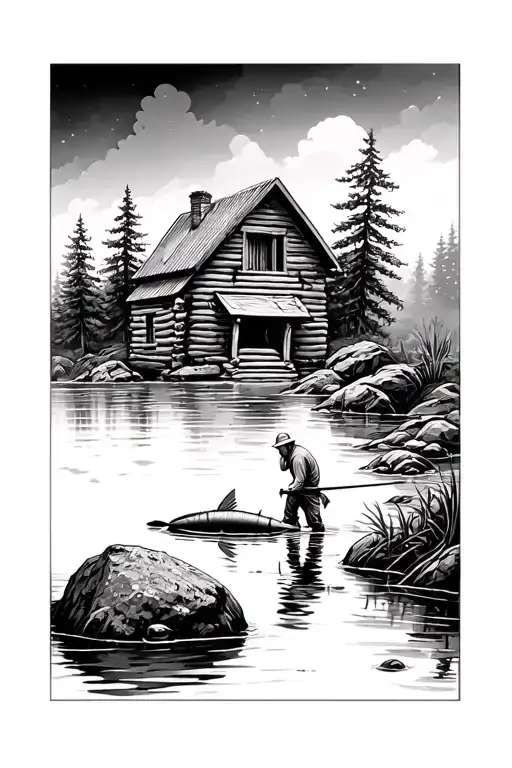 A Forest With A Log Cabin A Watercourse A Large Stone A Fish In The Water A Owner A Fisherman