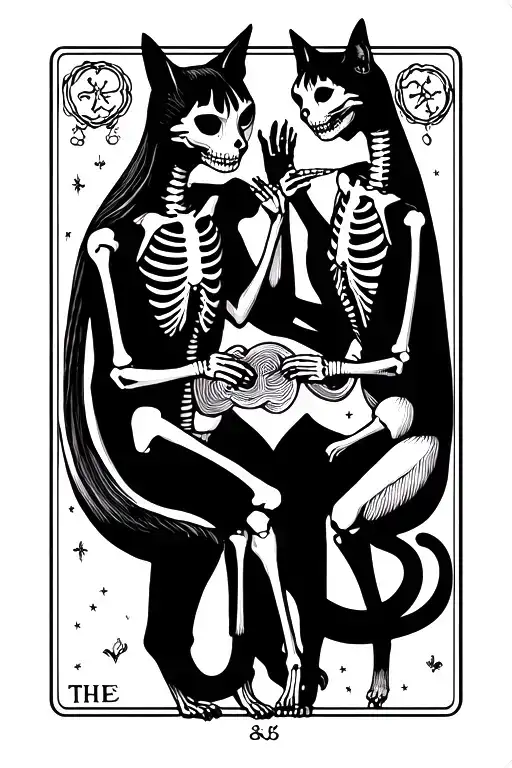 Tarot Card The Lovers With Skeleton Cats Playing
