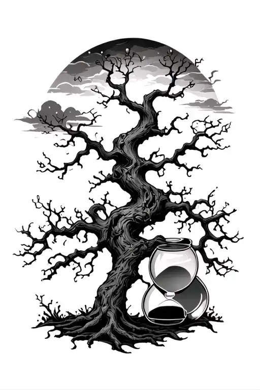 Poison Tree With Hour Glass And Dark Night Sky Filled