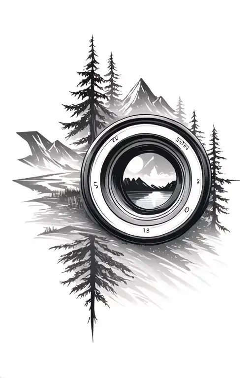 Camera Lens With Mountain Scene And Trees Looking Through Lens