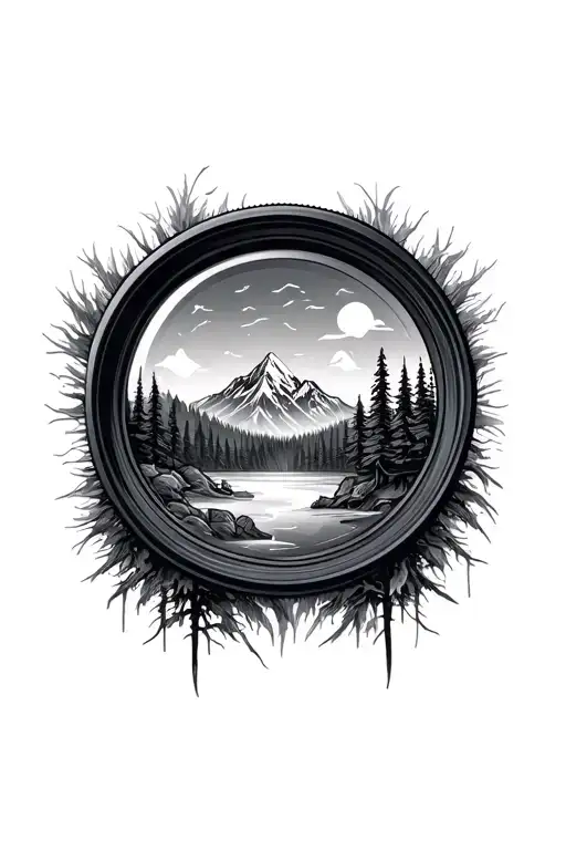 Camera Lens With Mountain Scene And Trees Looking Through Lens