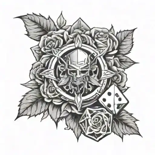 Witcher Medallion With Roses Behind And D&d Dice Set