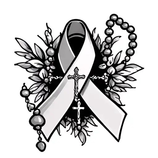 Cancer Ribbon With Rosary Beads And Cross
