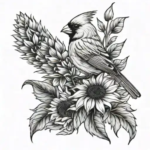 Cardinal With Sunflowers