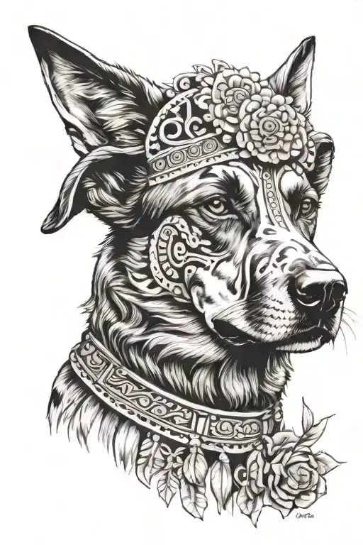 Xolo Dog With An Aztec Headdress Being Worn Around A Field Of Marigolds