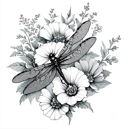 Dragonfly With Marigolds Morning Glory's Cosmos