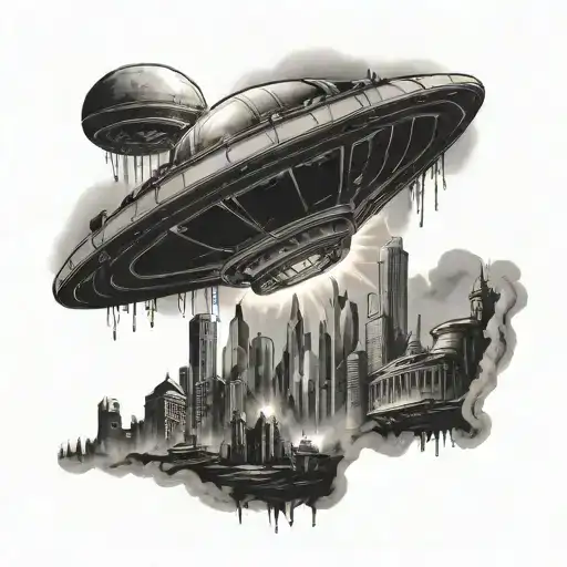 Ufo With Light Beam Shooting Down On An Alien In A Decaying Metropolis