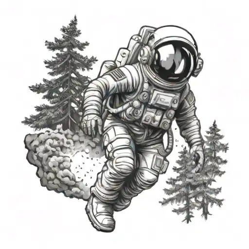 Ufo Light Beaming Down On Astronaut In A Dark Overgrown Forest