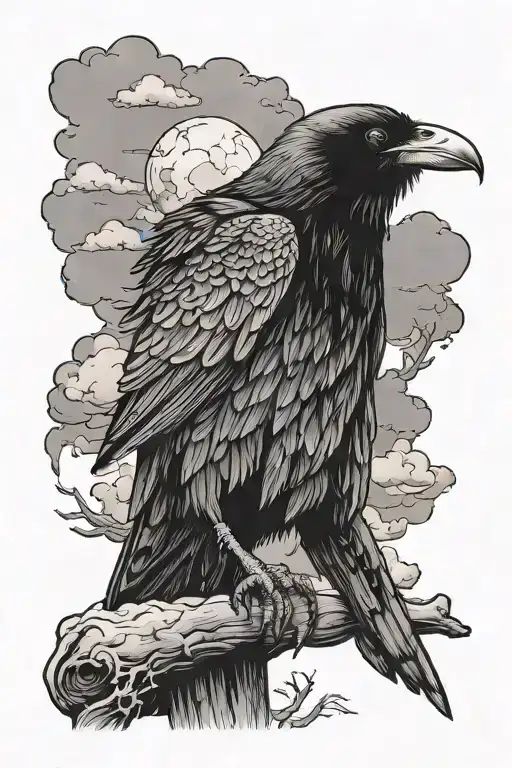 Menacing Raven Perched With Cloudy Background Black