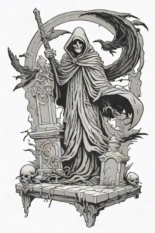 Grim Reaper In Graveyard With Crow Flying